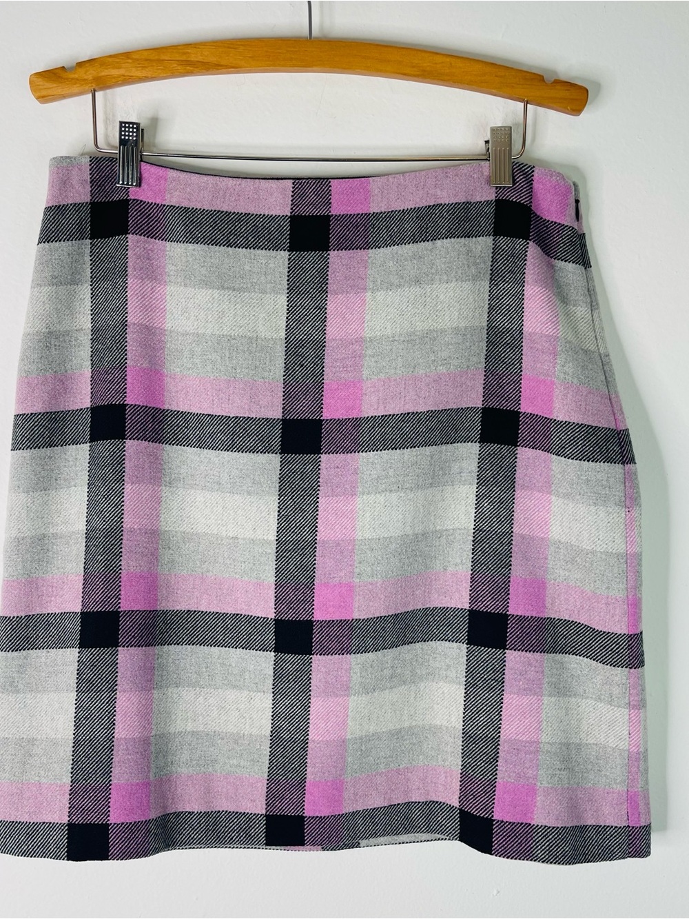 Talbots pink grey black wool plaid preppy office academia skirt 10